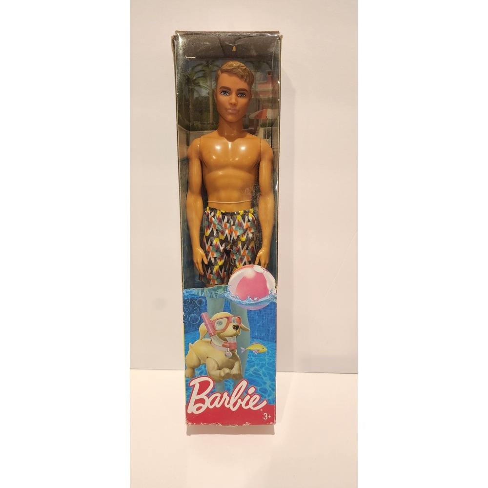 Ken‎ Beach Doll Blonde Shirtless Geometric Swim Trunks NRFB Mattel 2017